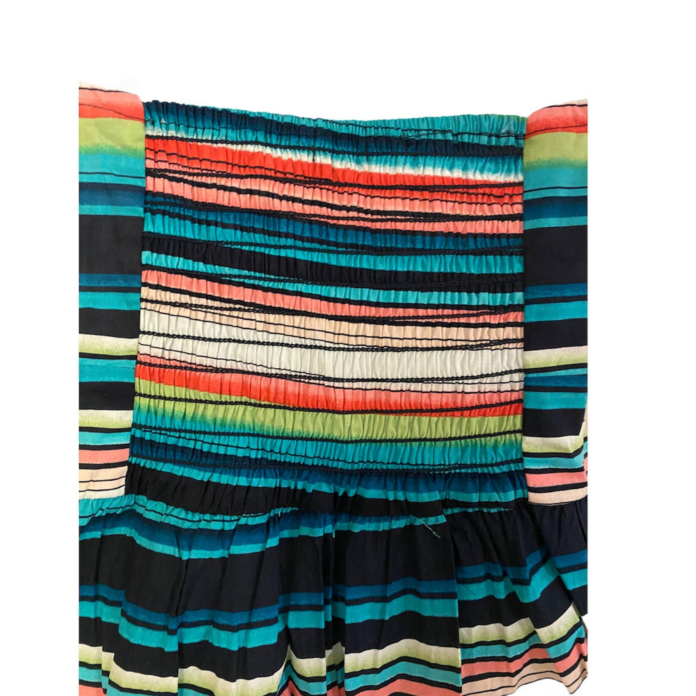 BeBop Smocked Strapless Casual Day Dress Colorful Striped White Cotton Sundress - Picture 7 of 9